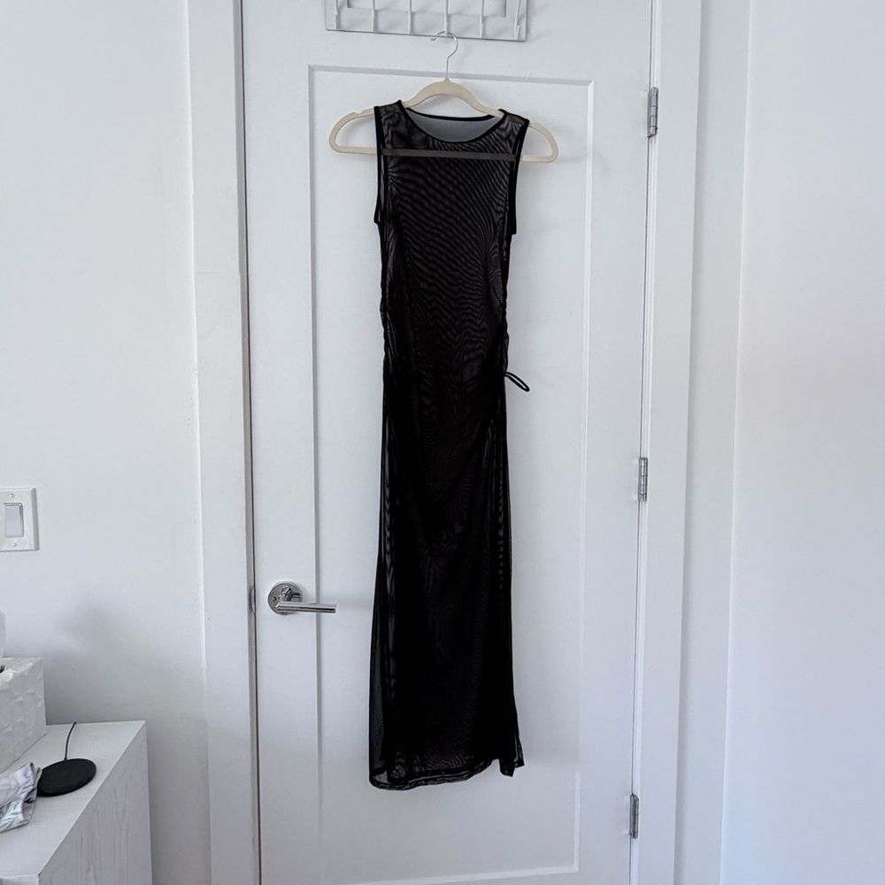 Elegant Black Mesh Sleeveless Swim Cover Up Dress with Ruched Sides, Size small